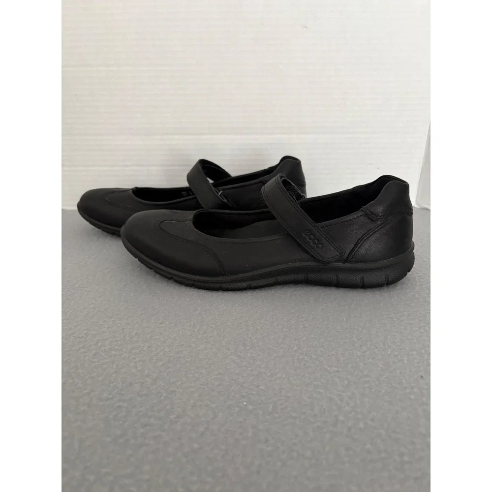 ECCO Womens Mary Jane Flats Leather EU 38 US 7-7.5 Black Hook Loop Comfort Shoe